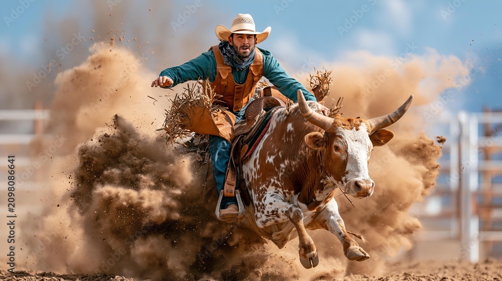 Fototapeta premium Cowboy rides a bucking bull in a rodeo, kicking up dust