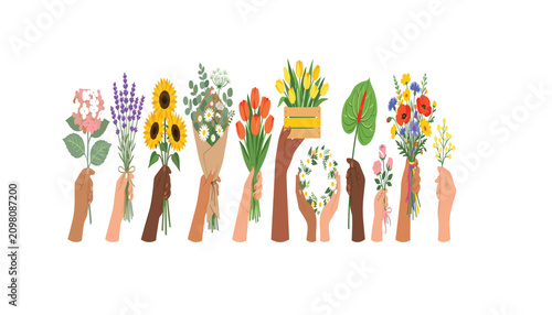Diverse hands holding various beautiful floral bouquets and spring blossoms for celebration greeting card background design