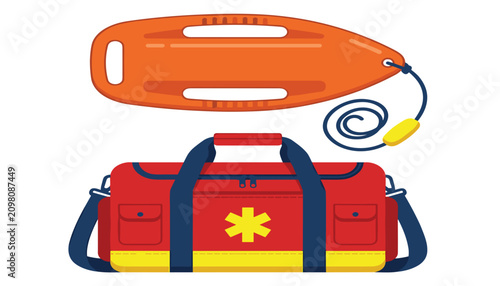 Emergency medical first aid kit bag and orange lifeguard rescue buoy vector illustration set isolated on white background