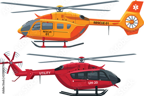 PrintEmergency rescue and utility medical helicopter vector set with orange search and rescue chopper and red utility aircraft design isolated