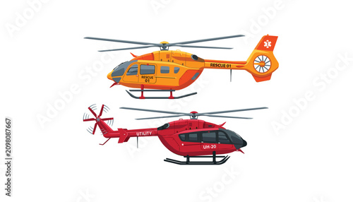 PrintEmergency rescue and utility medical helicopter vector set with orange search and rescue chopper and red utility aircraft design isolated