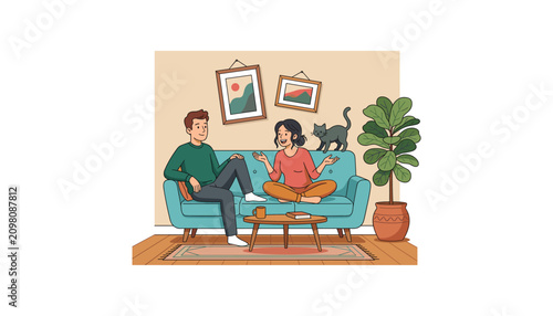 Happy young couple relaxing at home sitting on sofa talking with cat in cozy living room vector illustration isolated