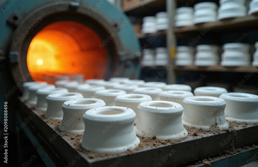 Naklejka premium White ceramic parts bake inside industrial kiln at high heat factory facility. Machine workers fire clay product items in hot oven furnace for hardening. Pro manufacturing process makes sanitary ware