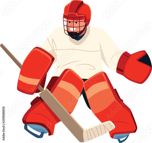 Sticker Ice hockey goalkeeper player wearing red gear and uniform with hockey stick, vec