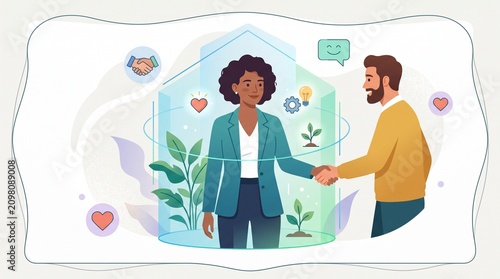 Woman setting emotional boundaries in business. Professional handshake with healthy personal space.
