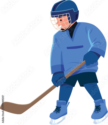 Photography Ice hockey player boy wearing blue gear and uniform slides with hockey stick, ve