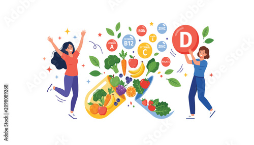 Healthy lifestyle and multivitamin supplement concept vector illustration with happy people organic food fruits and vegetables isolated