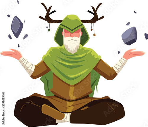 фотографія Tribal shaman with animal's horns meditating in the lotus position, vector wizar