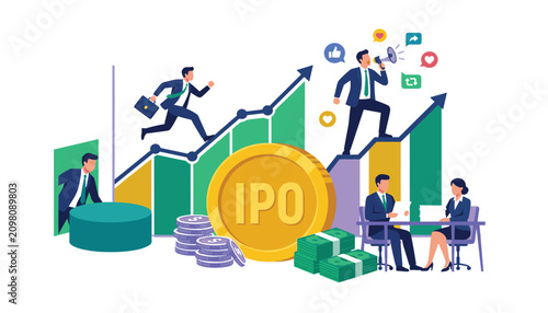 Initial public offering IPO stock market launch vector concept illustration with business people investing growing charts and cash isolated