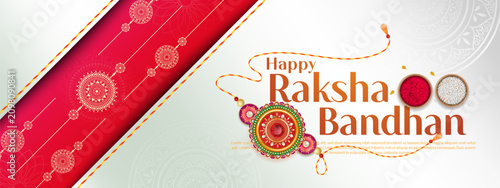 Happy raksha bandhan ceremony poster template design with decorative rakhi with sindoor and rice.