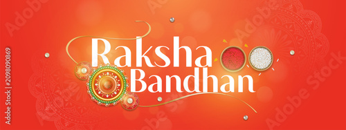 Happy raksha bandhan ceremony banner template design with decorative rakhi with sindoor and rice.
