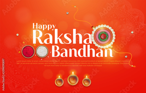 Happy raksha bandhan ceremony poster template design with decorative rakhi with diya, sindoor and rice.