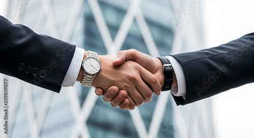 Close up of business people shaking hands in front of modern office building