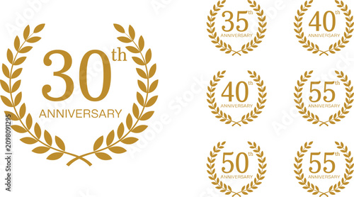 Golden anniversary laurel wreath icons set with 30th 35th 40th 50th and 55th celebration emblems vector illustration isolated on white background