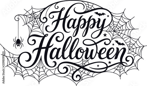 Happy halloween day typography spooky calligraphy with spiderweb and bat decorations