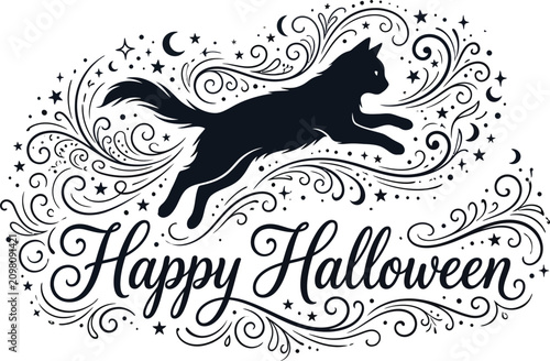 Spooky halloween day design with black cat and festive flourishes