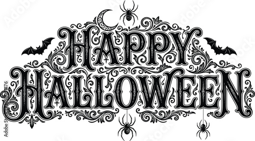 Happy halloween day vintage typography spooky lettering with bats and spiders