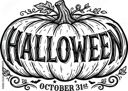 Hand drawn halloween day pumpkin illustration with october 31st text for festive designs