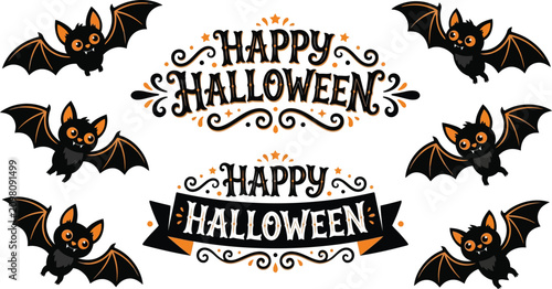 Happy halloween day illustration bats and festive typography for spooky celebrations