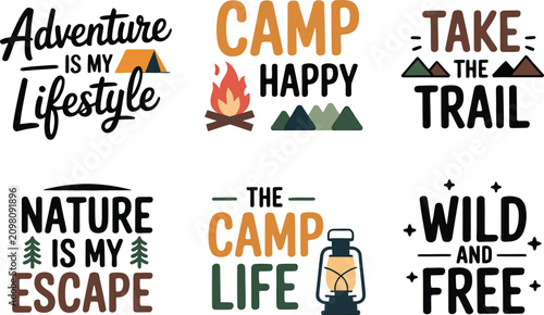 Obraz na płótnie Outdoor adventure camping quotes set, 6 vintage typography badges with mountain