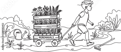 Quadro su tela boy pulling cart with perennial plants and gardening tools