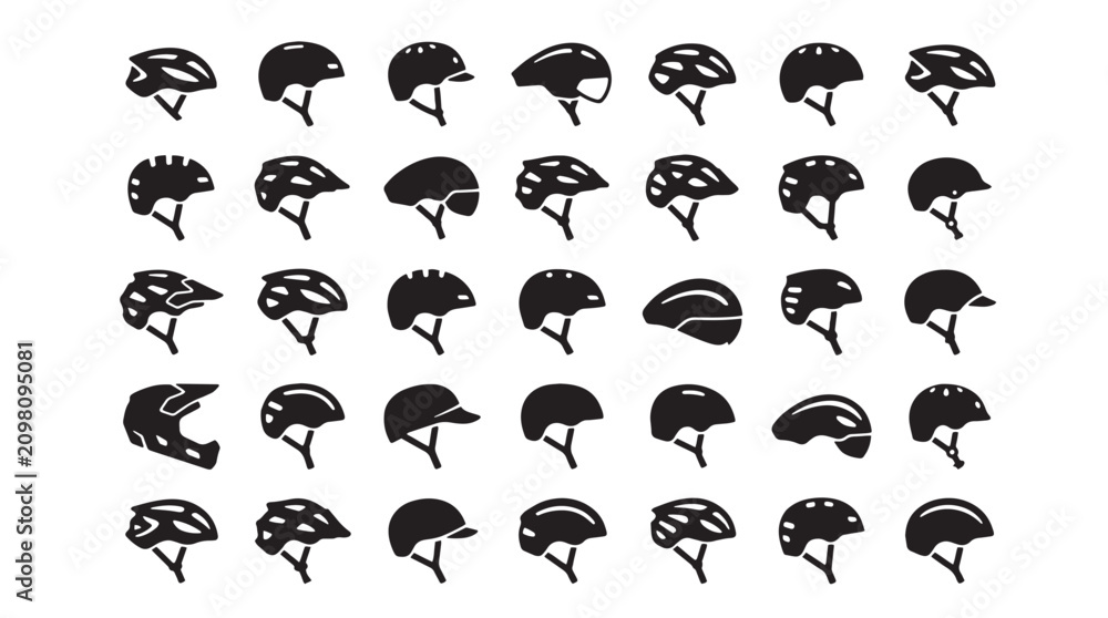 Obraz premium Bicycle helmet icon set, collection of 35 black vector cycling head protection symbols, mountain bike and road racing helmet silhouettes for sports safety