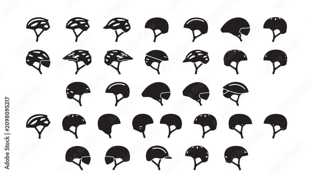 Obraz premium Bicycle helmet icon set, 33 black vector silhouettes of cycling safety headgear, protective sports equipment for mountain biking and road racing