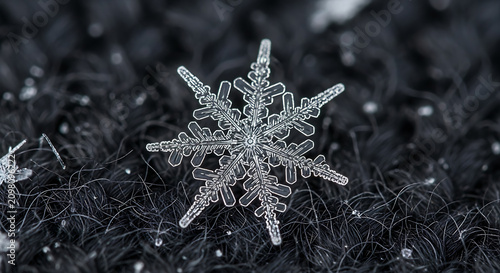 Macro photography of a real natural snowflake on dark textured fabric