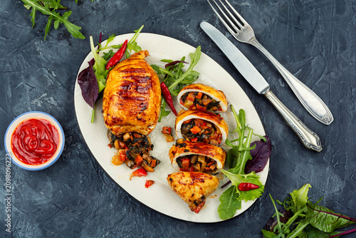 Obraz na plátně Stuffed Squid Skewers with Vegetable Filling
