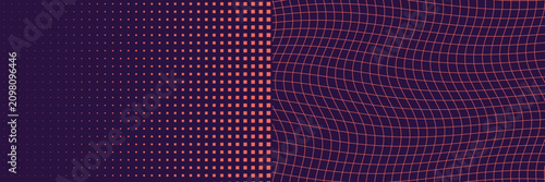 Abstract duo pattern wide banner in coral on dark violet, Pixel halftone gradient meets curved moire grid split composition, modern geometric vector background for header and cover design