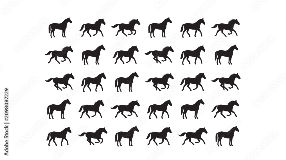 Fototapeta premium Black horse silhouettes in motion, set of 30 running stallion icons, galloping equine animal vector collection for equestrian sports and racing