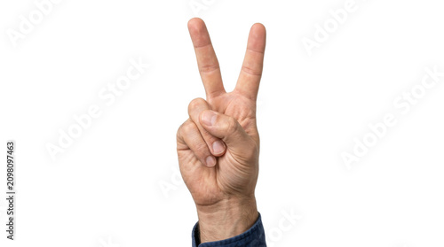 Hand gesture for peace or victory sign on black background