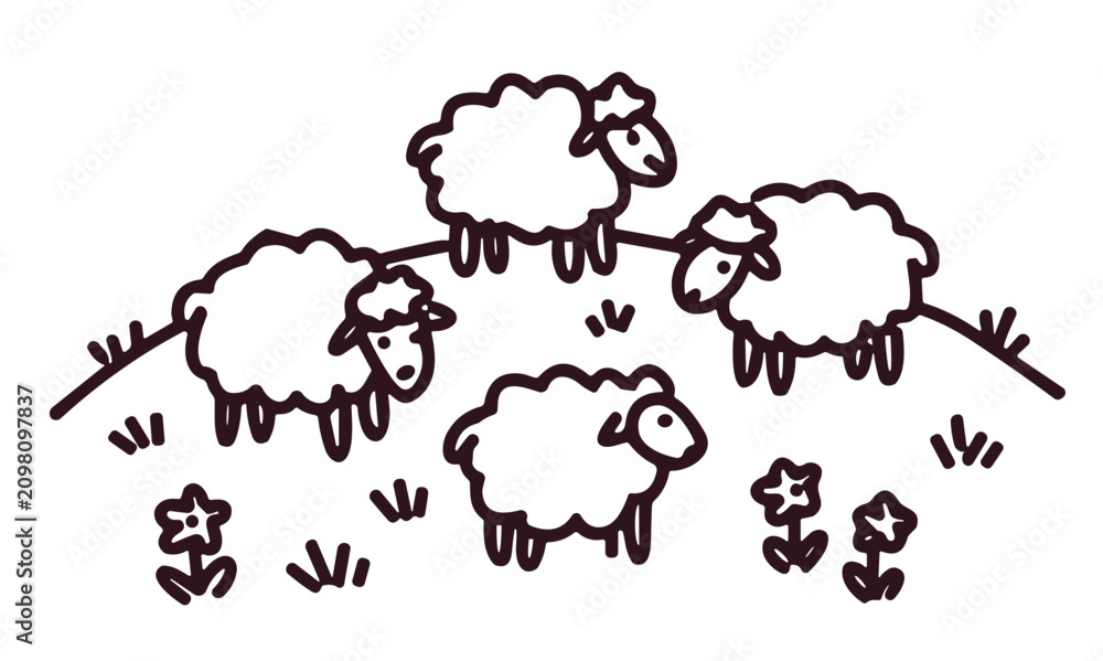 Obraz premium Simple Cute Cartoon Flock Of Sheep On The Green Hill 