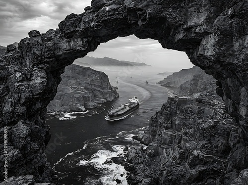 Black and white view of a large cargo vessel sailing through a natural rock arch with monochrome