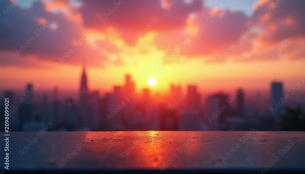 Fototapeta premium Out of focus cityscape with silhouette buildings under warm glowing sunset sky. Vibrant orange red clouds above urban skyline during evening twilight. Blurred metropolitan horizon provides peaceful