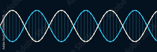 Bild auf Leinwand Abstract DNA double helix strands wide banner in cyan and cream on dark navy, Sc