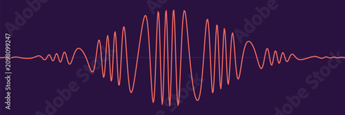 Abstract frequency pulse line wide banner in coral on dark violet, Calm to chaotic soundwave heartbeat oscillation, minimal vector background for audio header and health branding