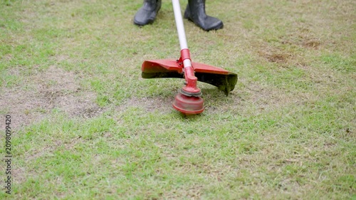Close-Up Brush Cutter Trimming Grass in Outdoor Yard