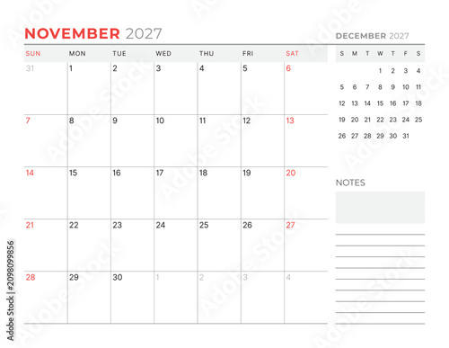 November 2027 Monthly Calendar Template strengthens team structure with minimalist blank lines, perfect for managing tasks and planning flows in office setups, vector illustration