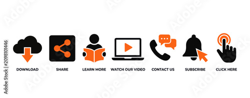 Modern flat design call-to-action icons for websites and apps. Vector UI elements for download, share, contact, and engagement buttons.