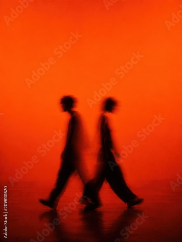 Abstract long exposure silhouette of two anonymous people walking in opposite directions, motion blur trail with vibrant fiery orange monochromatic neon light for psychological concept art