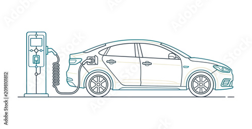 Electric Car Charging Station Outline Vector Illustration