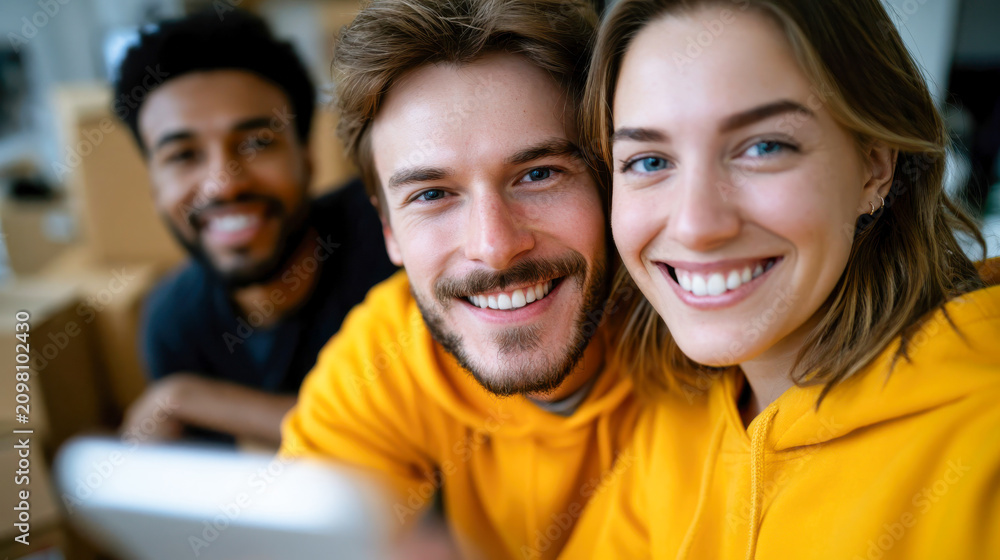 Fototapeta premium Smiling young man sits with two female friends among moving boxes in a compact shared apartment, representing relocation and affordable rental housing