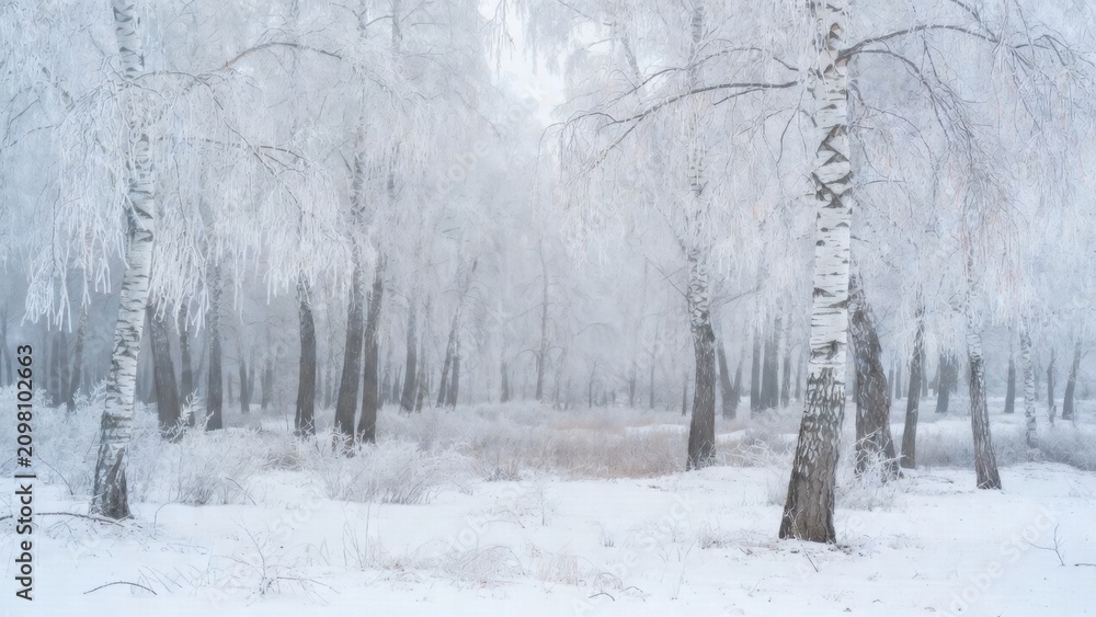 Fototapeta premium Birch trees covered in frost standing in snowy forest mist