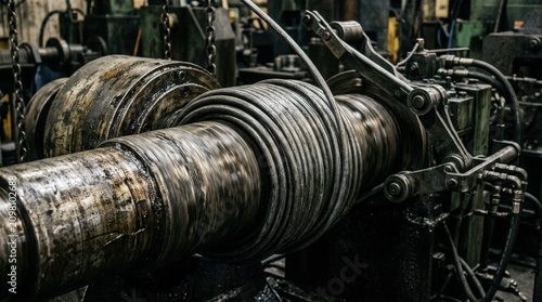 Naklejka Closeup medium view of thick wire spiraling robustly on a coiling mandrel emphasizing heavy metal texture and powerful mechanical force in action.