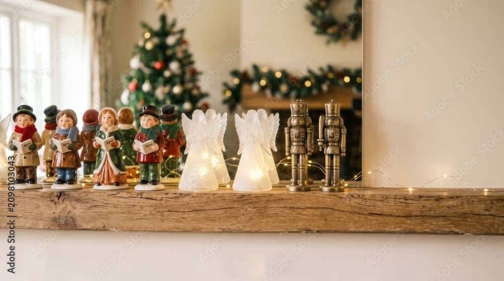 Obraz premium Christmas carolers, nutcrackers, and angel figurines arranged on a rustic wooden mantel with glowing LED lights