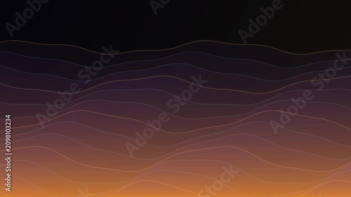 Vibrant orange and purple gradient lines wave across a dark background
