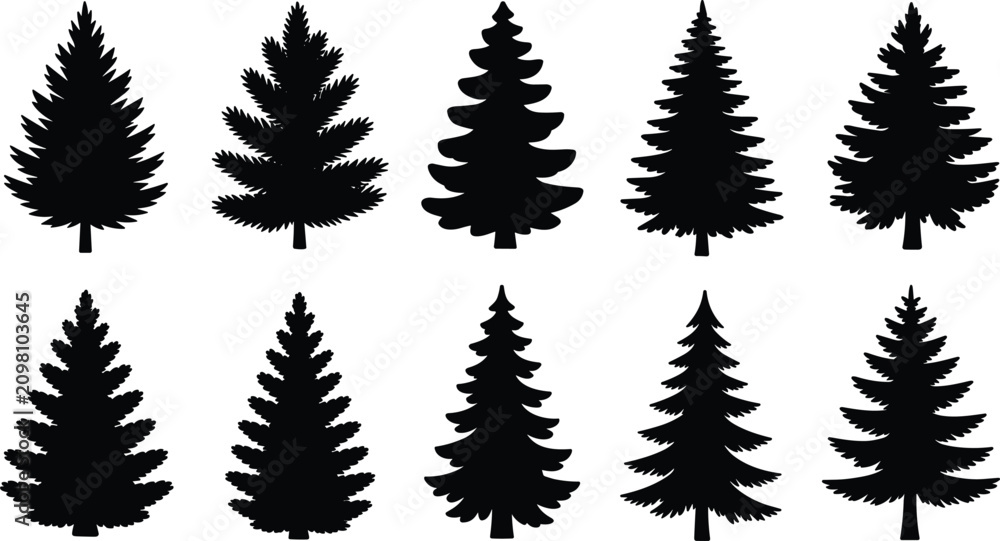 Fototapeta premium Evergreen tree silhouettes collection pine spruce fir conifer forest nature botanical vector illustration design outdoor landscape decorative art set