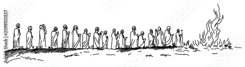 Canvastavla Long procession of ancient people walking toward fire in minimalist hand drawn s
