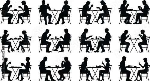 People silhouettes dining conversation table interaction drinking eating social lifestyle communication vector illustration design community art collection